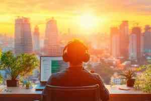 Mann mit Laptop und Skyline